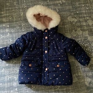 18M carters navy winter jacket with rose gold hearts and pink fleece  lining